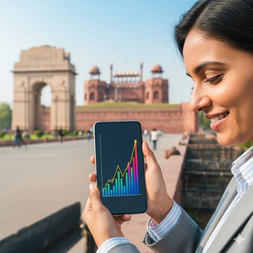 Get High-Intent Traffic Instantly with Our Google Ads Agency in Delhi Smiling woman in Delhi looking at a growth graph on her phone, with India Gate and Red Fort in the background.