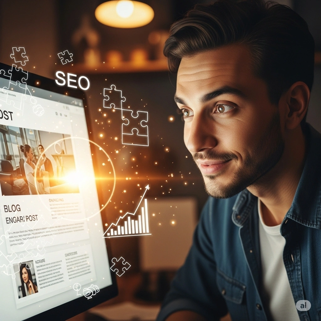 Successful Content Strategy with SEO and Growth Analytics A content creator looking proudly at a successful blog post on his screen, with glowing icons representing how an effective content strategy and built-in SEO lead to higher rankings and tangible business growth.