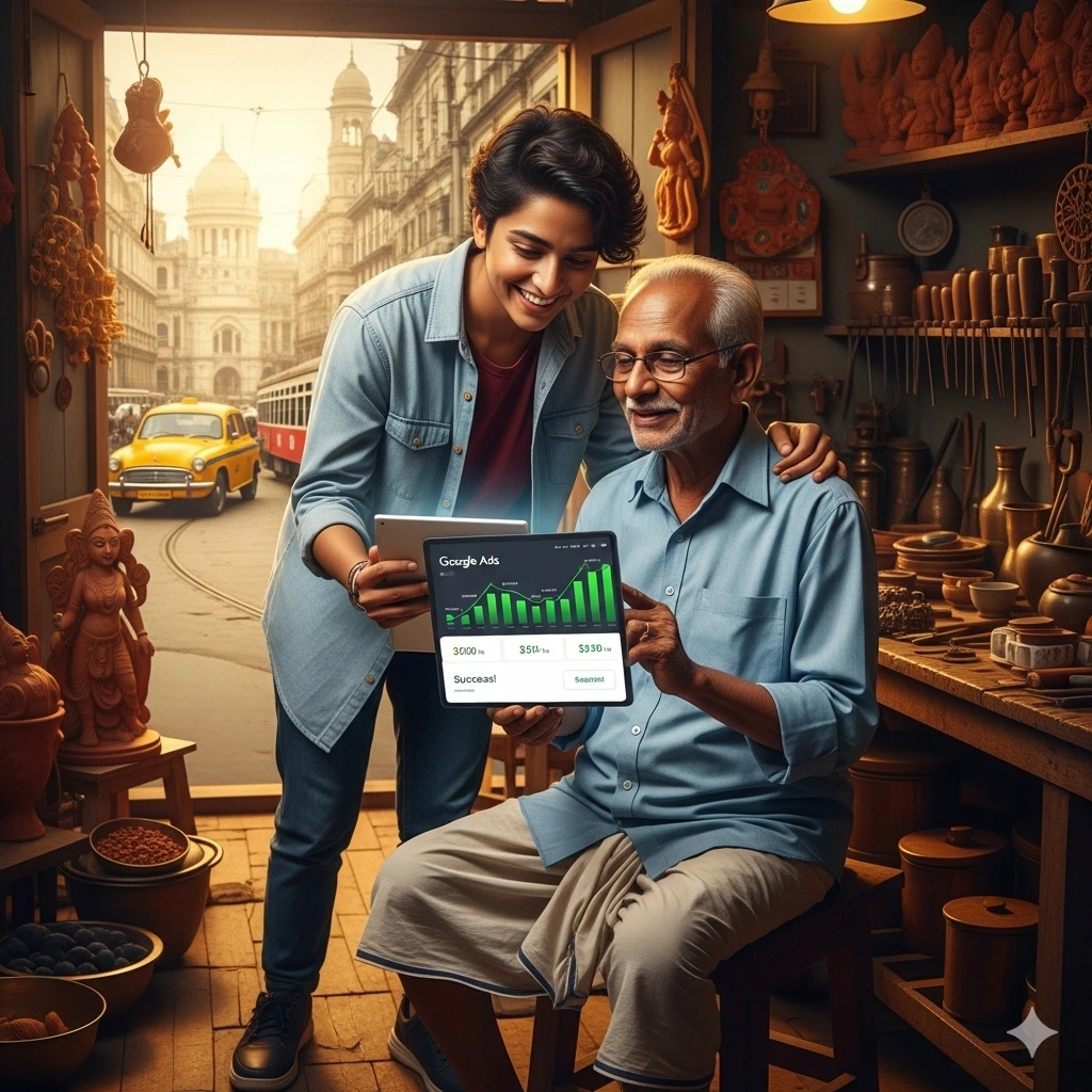 Top Best Google Ads Agency Kolkata An emotional image of a young entrepreneur in a traditional Kolkata workshop showing their father the success of their family business on a tablet. The screen displays a glowing Google Ads dashboard, representing the growth achieved through a leading **Google Ads service in Kolkata**.