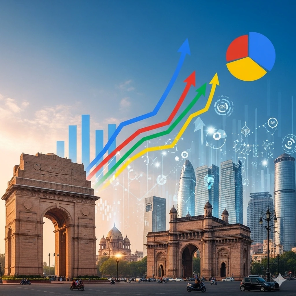 Top Google Ads Agency in India Offering Expert Google Ads Services for Maximum ROI (1) A dynamic image showcasing iconic Indian landmarks like India Gate in New Delhi and Gateway of India in Mumbai, with a modern cityscape and vibrant upward-trending graphs, Google Ads logo elements, and digital overlays. This symbolizes a **Top Google Ads Agency in India** delivering expert **Google Ads services** for maximum ROI across the nation.
