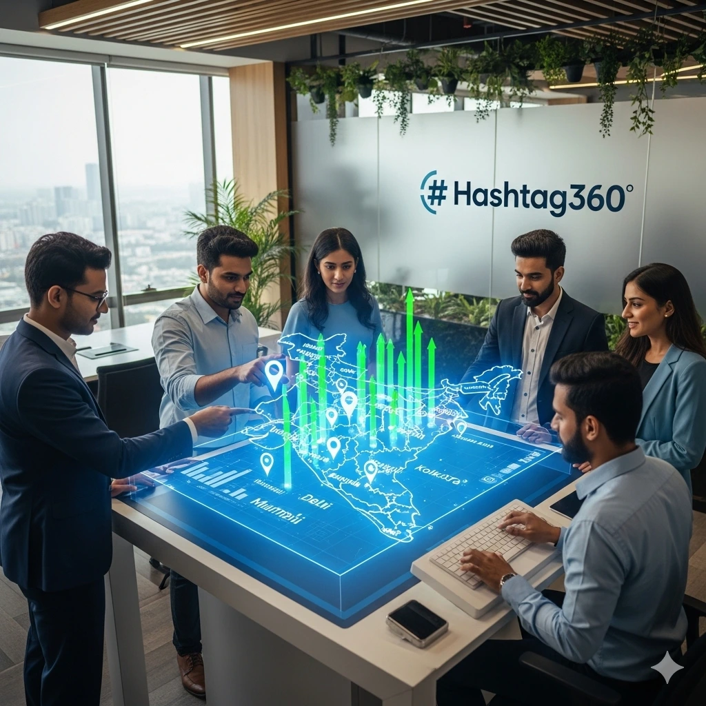 Why Choose Hashtag360 – Your Trusted Google Ads Agency in India A team of digital marketing experts at Hashtag360, a trusted **Google Ads Agency in India** with headquarters in **New Delhi**, collaboratively analyzing a holographic projection of the Indian map. The map displays rising bar graphs across various key cities, symbolizing the nationwide reach and successful Google Ads campaign performance delivered by the agency.