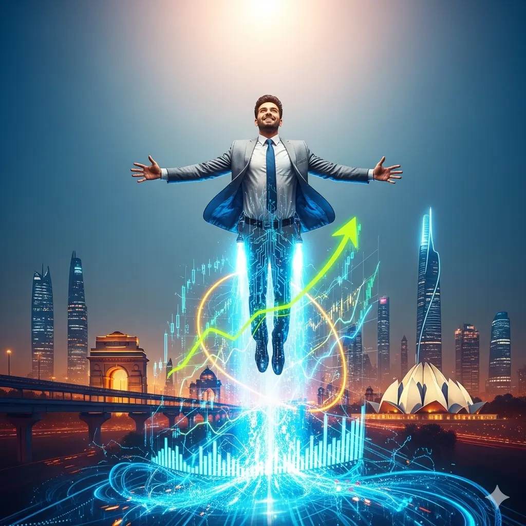 Soar above the competition with Hashtag360 Marketing, a top Google Ads Agency in Delhi. Achieve strategic growth, higher ROI, and a winning edge with expertly managed campaigns. Conceptual image of a business person propelled by data and graphs over a futuristic Delhi skyline, symbolizing business success.