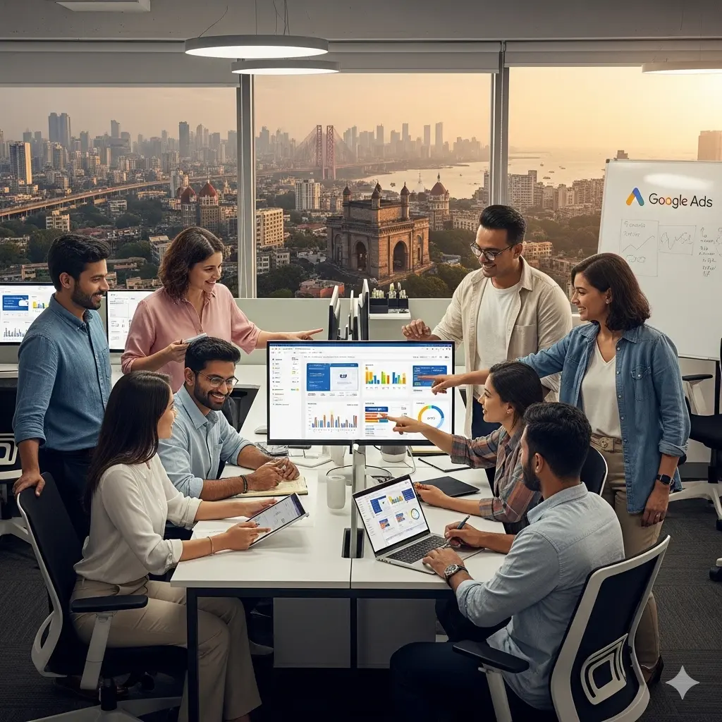 google ads agency mumbai A team of Google Ads professionals reviewing data on a monitor in an office with a view of the Mumbai skyline.